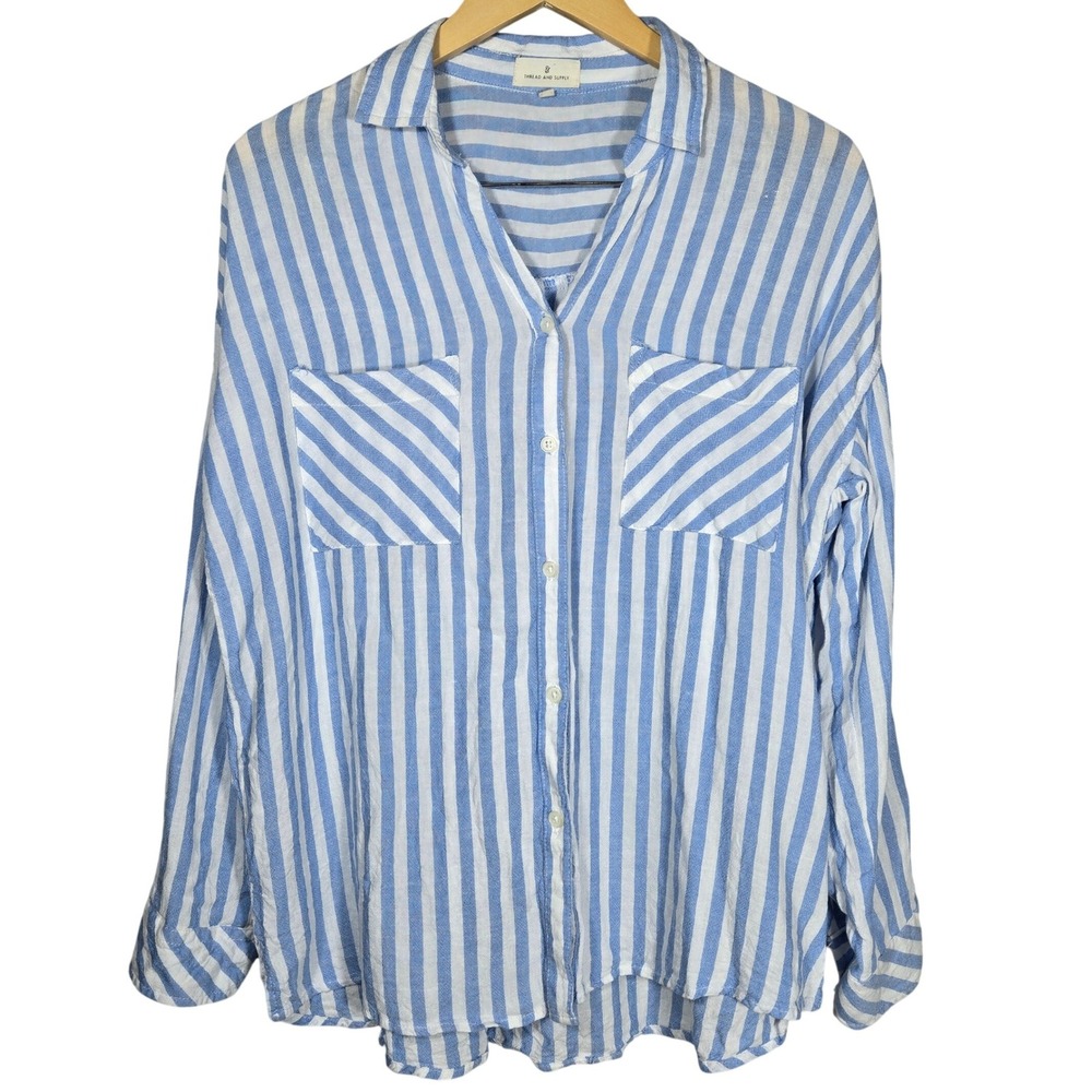 Thread and Supply Blue White Striped Linen Blend Button Down Shirt Small